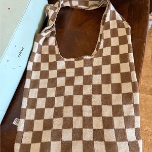 Brown and White Checkered Tote Bag